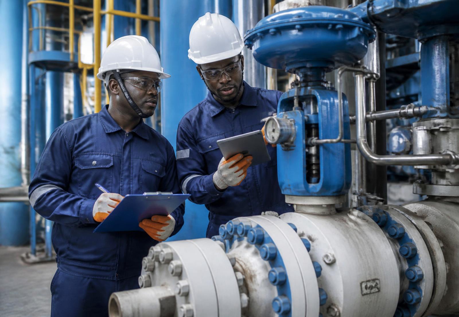 Nigerian engineers inspecting a control valve and actuator assembly